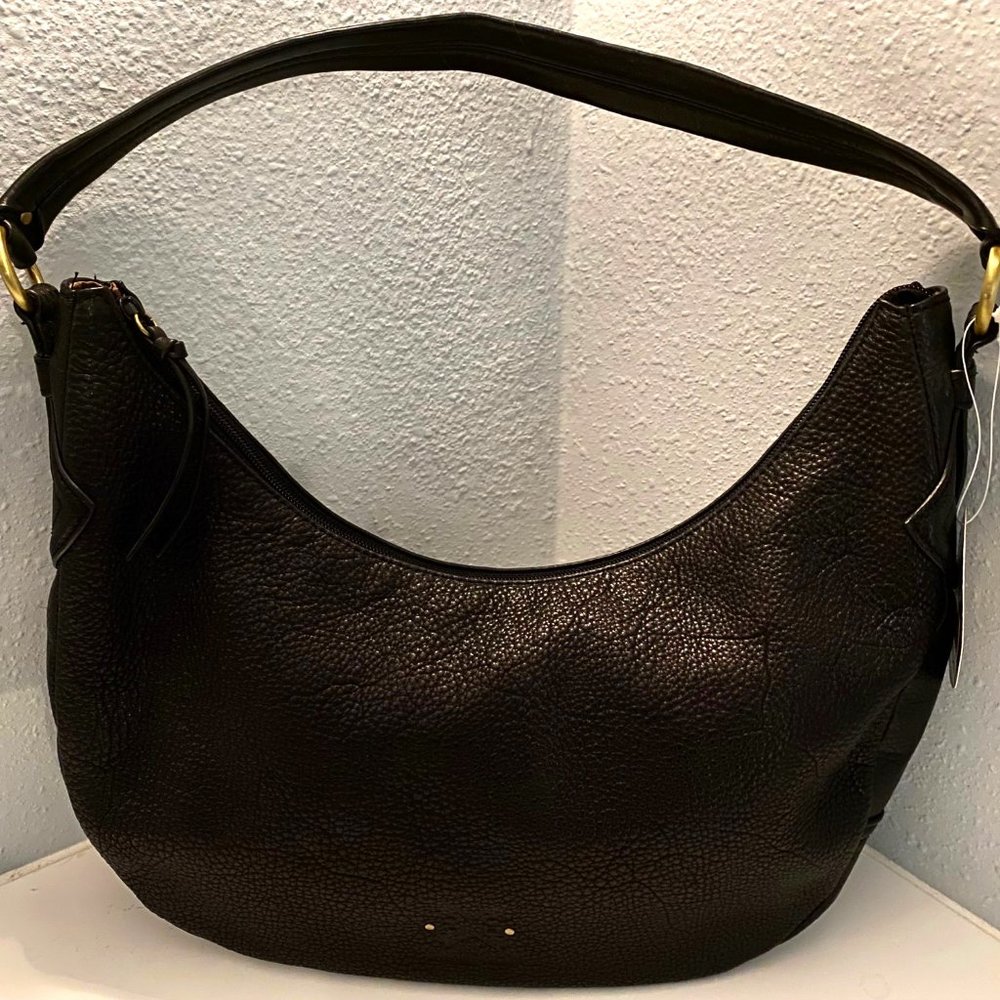 Stone Mountain Black Pebbled Leather Half Moon Shoulder Bag